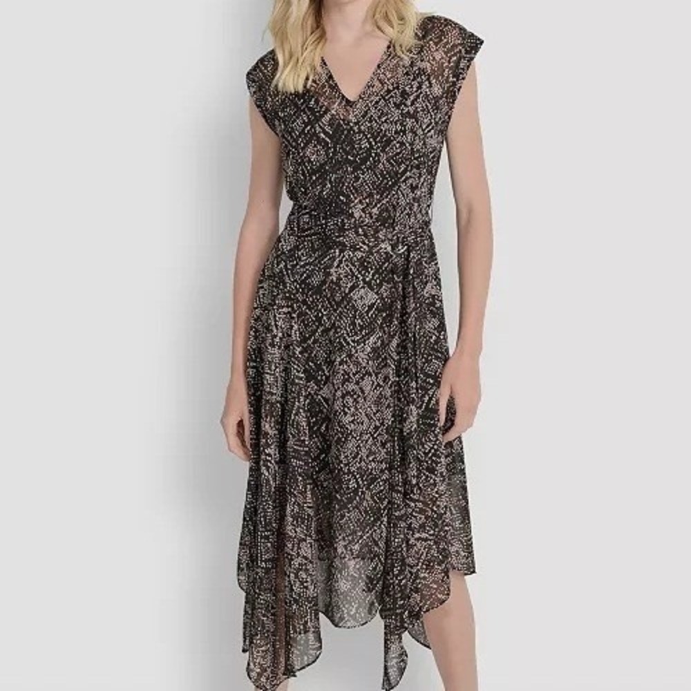 DKNY Sleeveless V Neck Fit & Flare Belted Snake Pattern Dress Womens Size 12 NWT